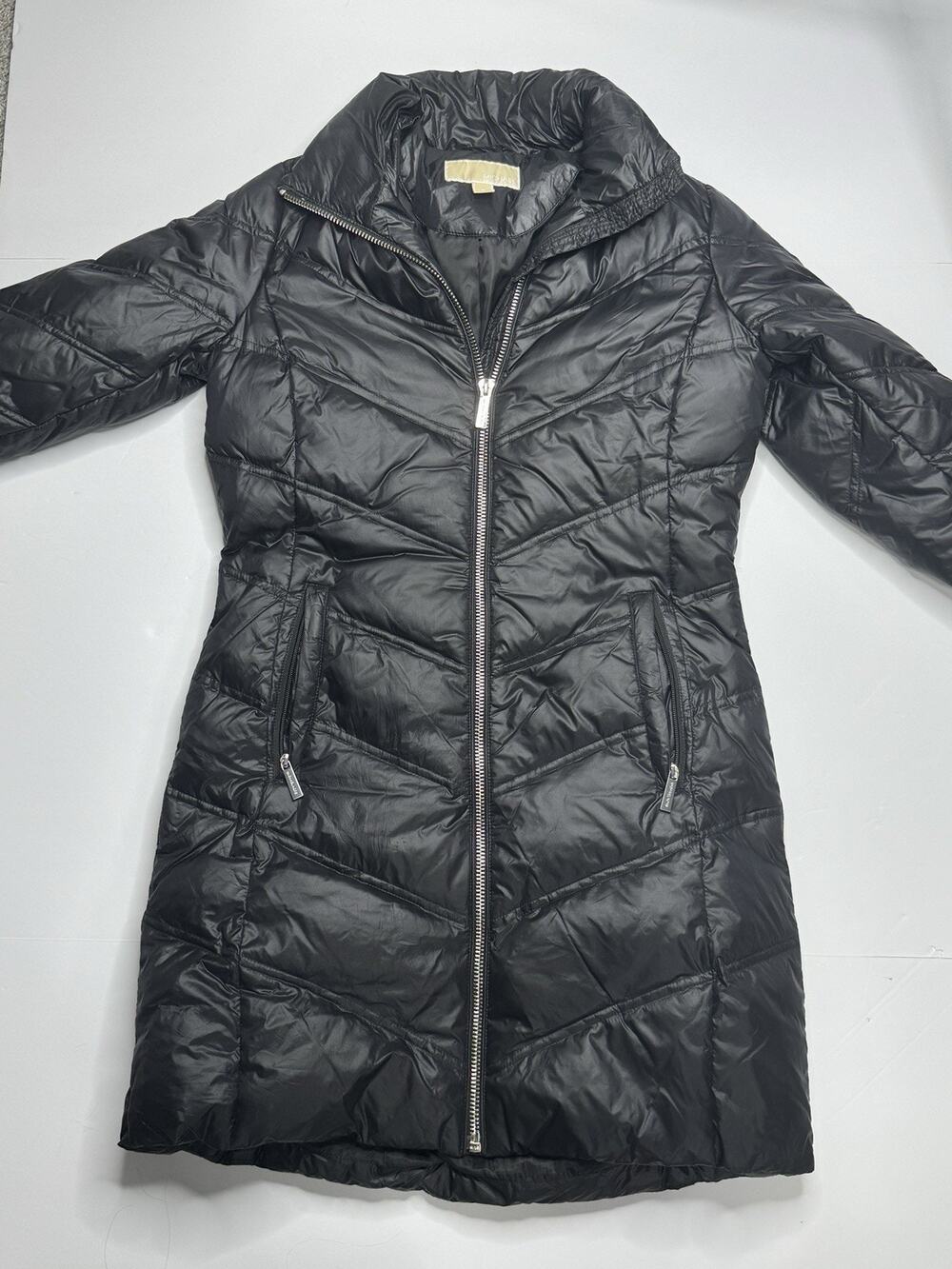 Michael Kors Womens S Black Chevron Quilted Long Puffer Coat Full Zip